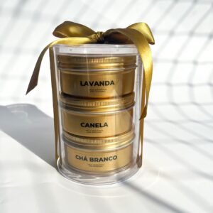 Kit 3 Velas Aromáticas na Latinha 300g | Chá Branco, Lavanda e Cereja e Avelã, vem no tubo de plástico e fita de cetim