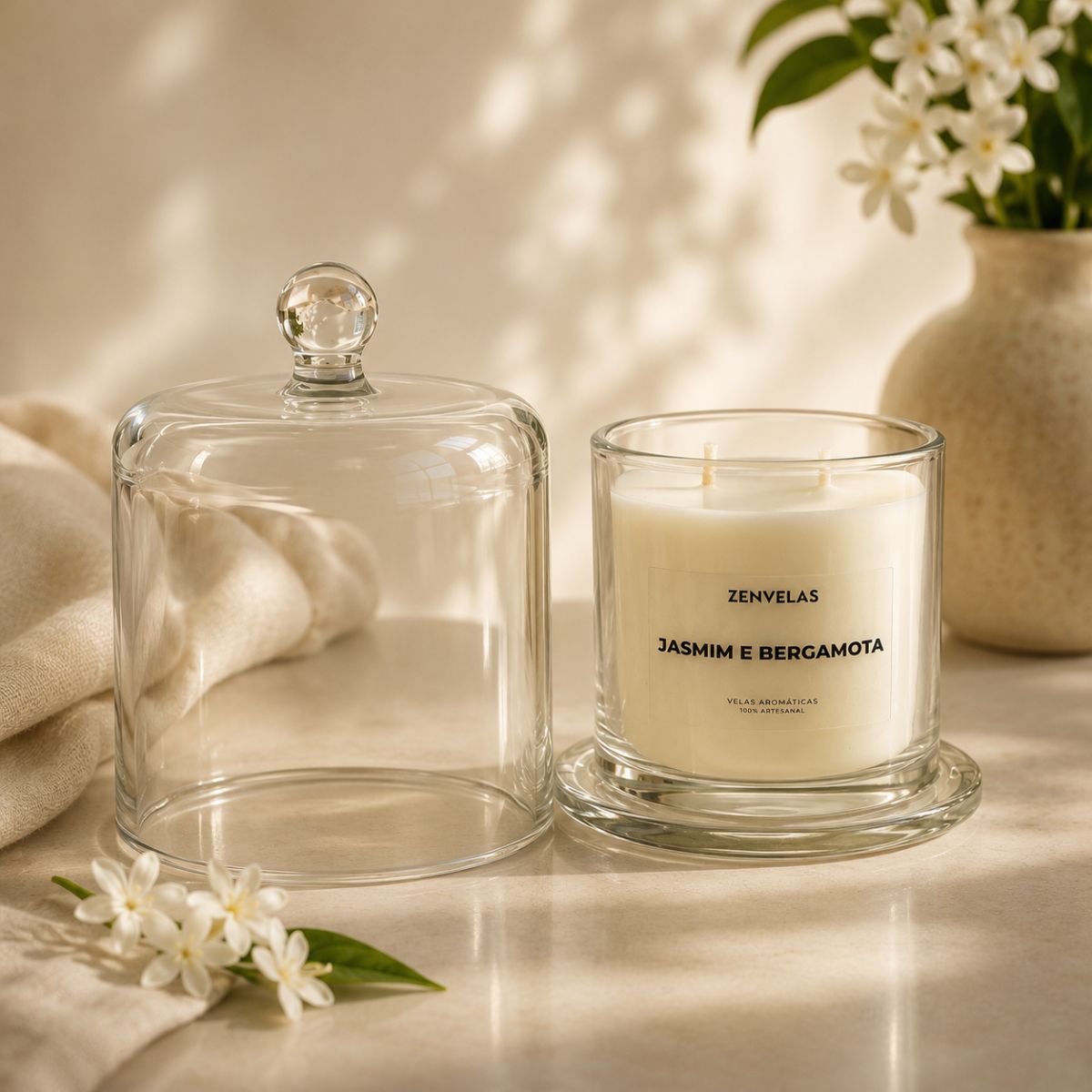 vela aromática jasmim e bergamota na cúpula de vidro 270g