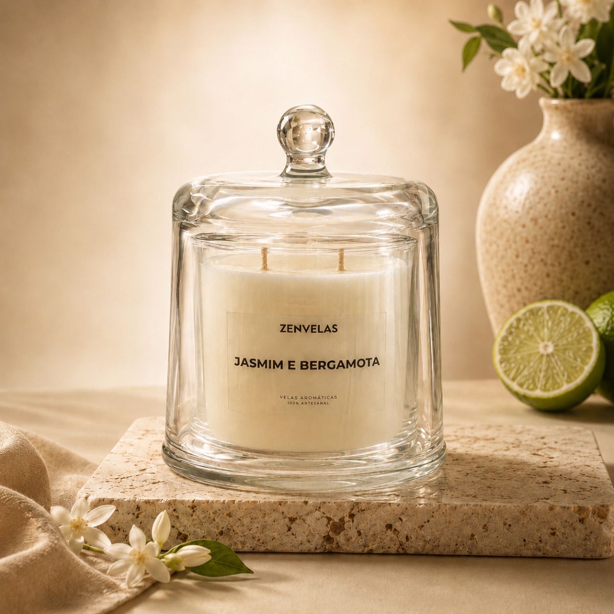 vela aromática jasmim e bergamota na cúpula de vidro 270g