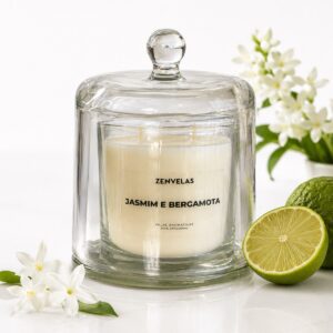 vela aromática jasmim e bergamota na cúpula de vidro 270g